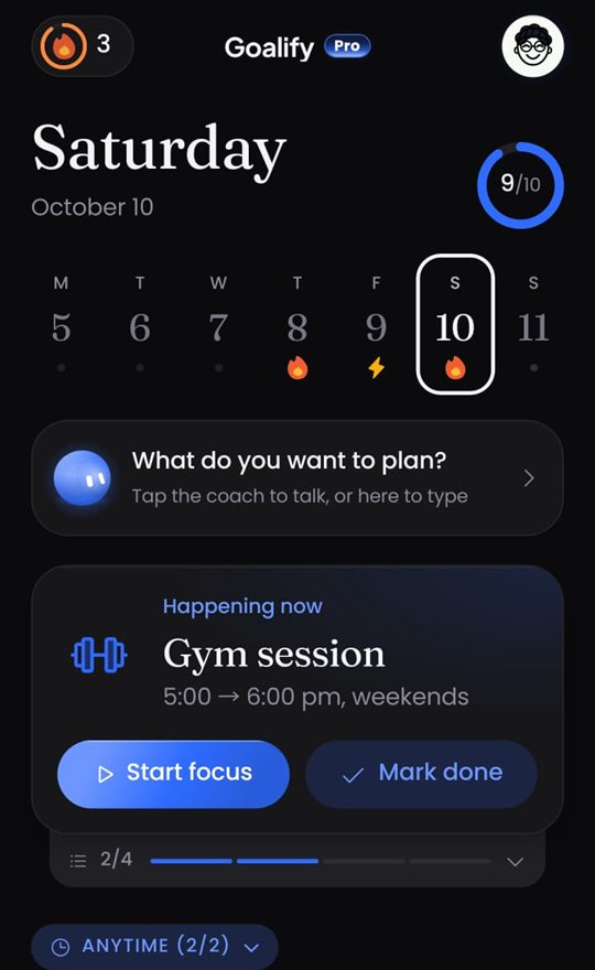 Goalify's Today screen: a 3-day streak, the week, the coach, and the gym session happening now